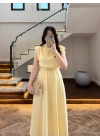 SARI VATKALI KEMERLİ ELBİSE -4066