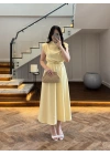 SARI VATKALI KEMERLİ ELBİSE -4066