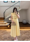 SARI VATKALI KEMERLİ ELBİSE -4066