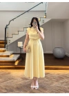 SARI VATKALI KEMERLİ ELBİSE -4066