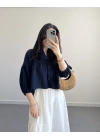 SHAY MÜSLİN LACİVERT CROP GÖMLEK
