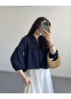 SHAY MÜSLİN LACİVERT CROP GÖMLEK