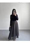 SİYAH ŞİFON EKOSE DESEN KLOŞ ETEK