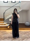 SİYAH ASİMETRİK DÜĞMELİ TENSEL TAKIM-26Y277