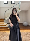 SİYAH BEL BÜZGÜLÜ CEPLİ ELBİSE-30731