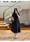 SİYAH BEL BÜZGÜLÜ CEPLİ ELBİSE-30731