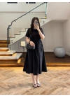 SİYAH BEL BÜZGÜLÜ CEPLİ ELBİSE-30731