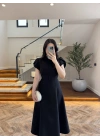 SİYAH DÜĞME DETAY ELBİSE - 3201