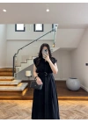 SİYAH DÜĞMELİ TOKA DETAY ELBİSE -3925