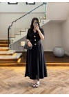 SİYAH GOLD DÜĞMELİ V YAKA ELBİSE-7932
