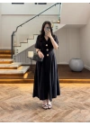 SİYAH GOLD DÜĞMELİ V YAKA ELBİSE-7932