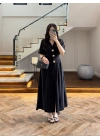 SİYAH GOLD DÜĞMELİ V YAKA ELBİSE-7932