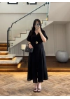 SİYAH GOLD KEMER DETAY YIRTMAÇLI ELBİSE-3909