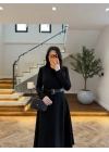 SİYAH KEMERLİ MİDİ ELBİSE-4228