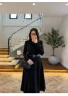 SİYAH KEMERLİ MİDİ ELBİSE-4228