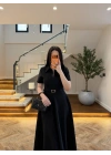 SİYAH ÖNDEN FERMUARLI KEMERLİ ELBİSE-4006