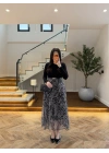 SİYAH ŞİFON PİLİSE DETAYLI ELBİSE-4199