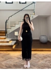 SİYAH SİMLİ GOLD AKSESURALI ELBİSE-4023
