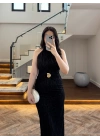 SİYAH SİMLİ GOLD AKSESURALI ELBİSE-4023