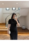 SİYAH TAŞLI YIRTMAÇLI ELBİSE -3957