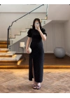 SİYAH TAŞLI YIRTMAÇLI ELBİSE -3957