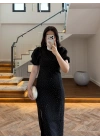 SİYAH TAŞLI YIRTMAÇLI ELBİSE -3957