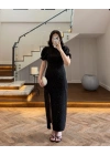 SİYAH TAŞLI YIRTMAÇLI ELBİSE -3957