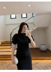 SİYAH TAŞLI YIRTMAÇLI ELBİSE -3957