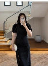 SİYAH TAŞLI YIRTMAÇLI ELBİSE -3957