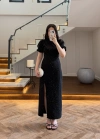 SİYAH TAŞLI YIRTMAÇLI ELBİSE -3957