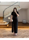 SİYAH TAŞLI YIRTMAÇLI ELBİSE -3957