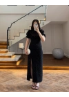 SİYAH TAŞLI YIRTMAÇLI ELBİSE -3957