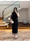 SİYAH TEK OMUZ DESENLİ SİMLİ ELBİSE -4033