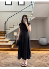 SİYAH TENSEL KUŞAKLI PENSLİ ELBİSE-260987