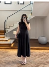 SİYAH TENSEL KUŞAKLI PENSLİ ELBİSE-260987