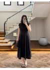 SİYAH TENSEL KUŞAKLI PENSLİ ELBİSE-260987