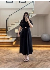 (ÖN SİPARİŞ )SİYAH TOKA DETAY BEL BAĞLAMALI ELBİSE- 4021