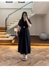 (ÖN SİPARİŞ )SİYAH TOKA DETAY BEL BAĞLAMALI ELBİSE- 4021