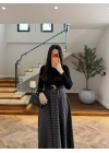 (ÖN SİPARİŞ )SİYAH UZUN KOL EKOSE DETAY ELBİSE-4196