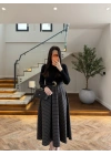 (ÖN SİPARİŞ )SİYAH UZUN KOL EKOSE DETAY ELBİSE-4196