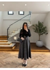 (ÖN SİPARİŞ )SİYAH UZUN KOL EKOSE DETAY ELBİSE-4196