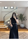 SİYAH VATKALI KEMERLİ ELBİSE -4066