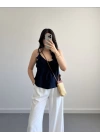 TWİLA ÖNÜ FIRFIRLI ASKILI BLUZ LACİVERT