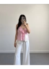 TWİLA ÖNÜ FIRFIRLI ASKILI BLUZ PEMBE