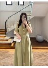 YEŞİL GOLD DÜĞMELİ V YAKA ELBİSE-7932