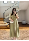 YEŞİL GOLD DÜĞMELİ V YAKA ELBİSE-7932