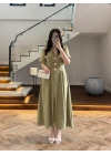 YEŞİL GOLD DÜĞMELİ V YAKA ELBİSE-7932