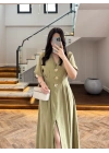 YEŞİL GOLD DÜĞMELİ V YAKA ELBİSE-7932