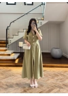 YEŞİL GOLD DÜĞMELİ V YAKA ELBİSE-7932