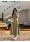 YEŞİL GOLD DÜĞMELİ V YAKA ELBİSE-7932